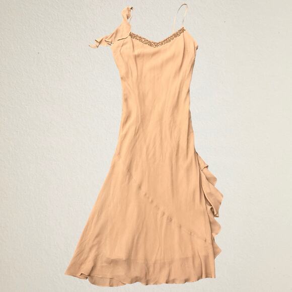 Newport News Dresses & Skirts - Vintage 90s brown beaded silk ruffle dress, bohemian boho chic Y2K fairycore